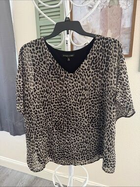 Always Indigo Women's Leopard V-Neck Blouse in Black and Tan
